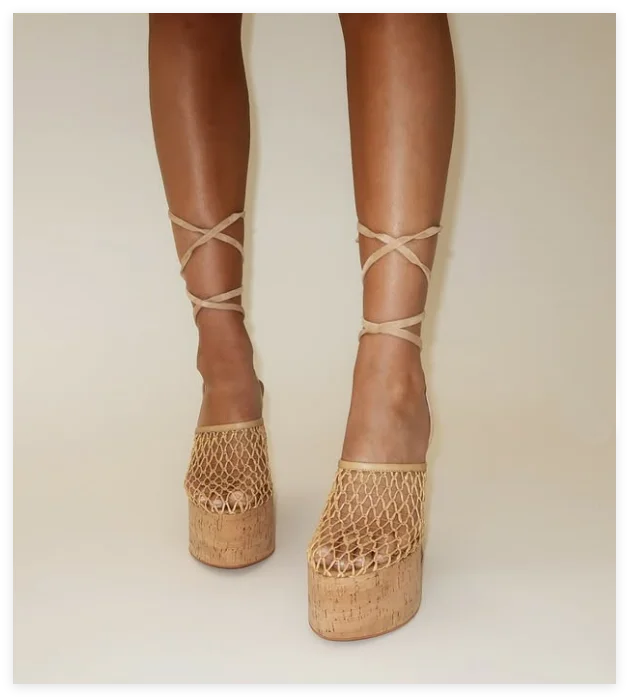 Mesh Caged Platform Wedges Sandals Nude/Black Lace up Super High Heels 2025 Summer New in Women‘s Luxury Designer Party Shoes