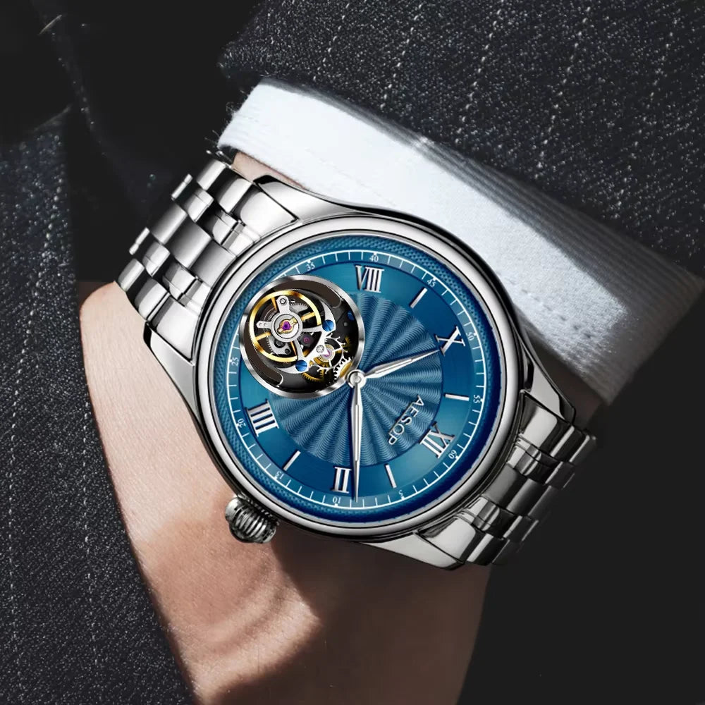 AESOP Real Tourbillon Mechanical Watches Limited Edition Luxury Men Manual Winding Movement Leather/Stainless Steel Wristwatches