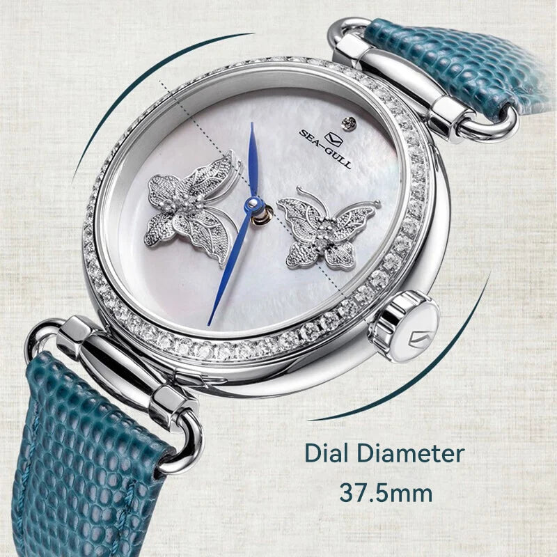 Seagull Women Watch Luxury Mechanical Wristwatch Crystal Pearl of Mother Dial Clock Butterfly Filigree Craft Lady Watches 8101L