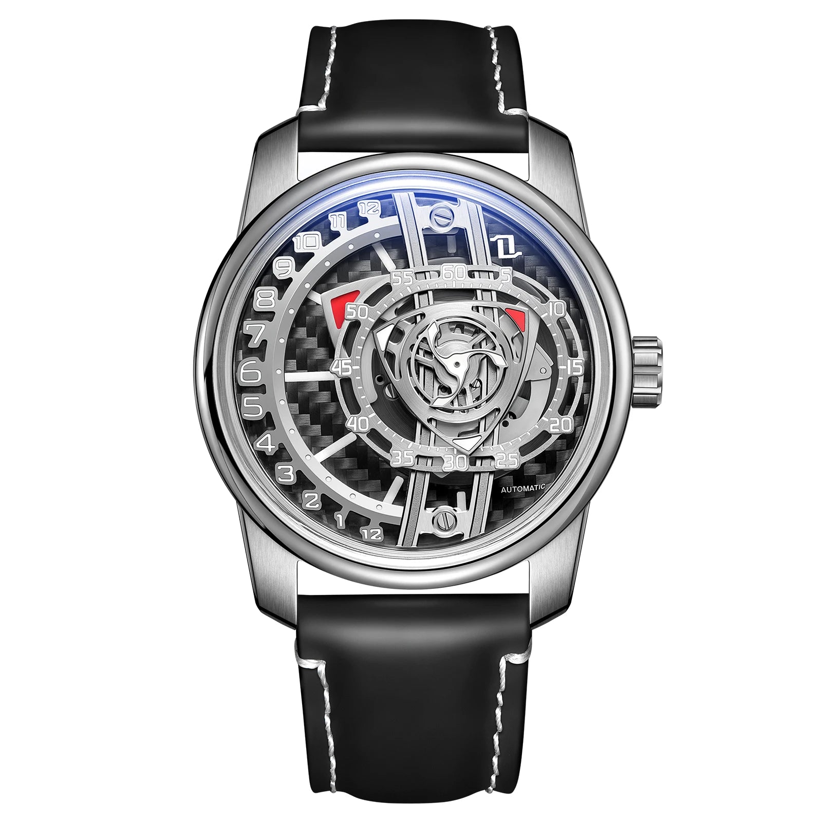OBLVLO Fashion Men's Automatic Watch Forged Carbon Rotor Analog Display Luminous Hands Waterproof Leather Band Mechanical Watch.