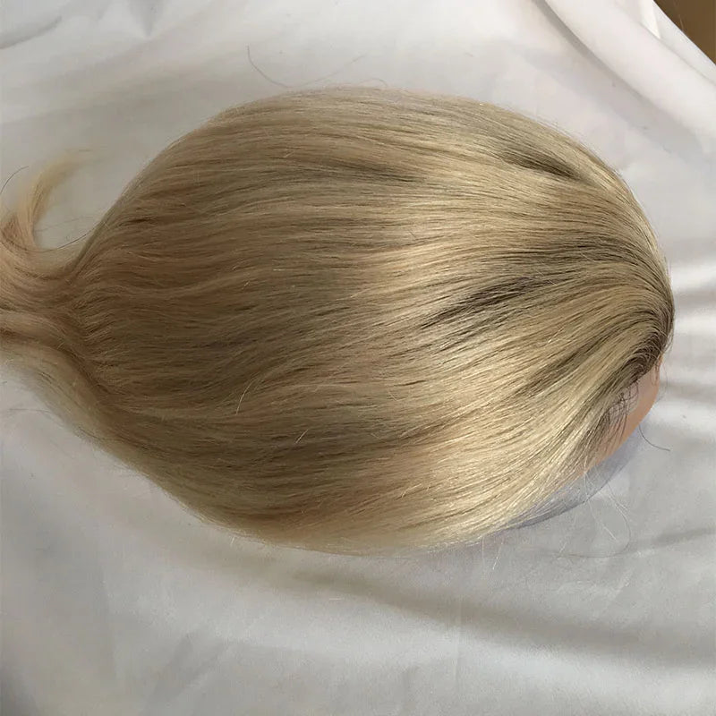 European Male Human Hair Brown Blonde Ombre Thin Skin Hair Toupee Vloop 0.06-0.08mm Durable Thin Skin Natural Hairline Men Wig