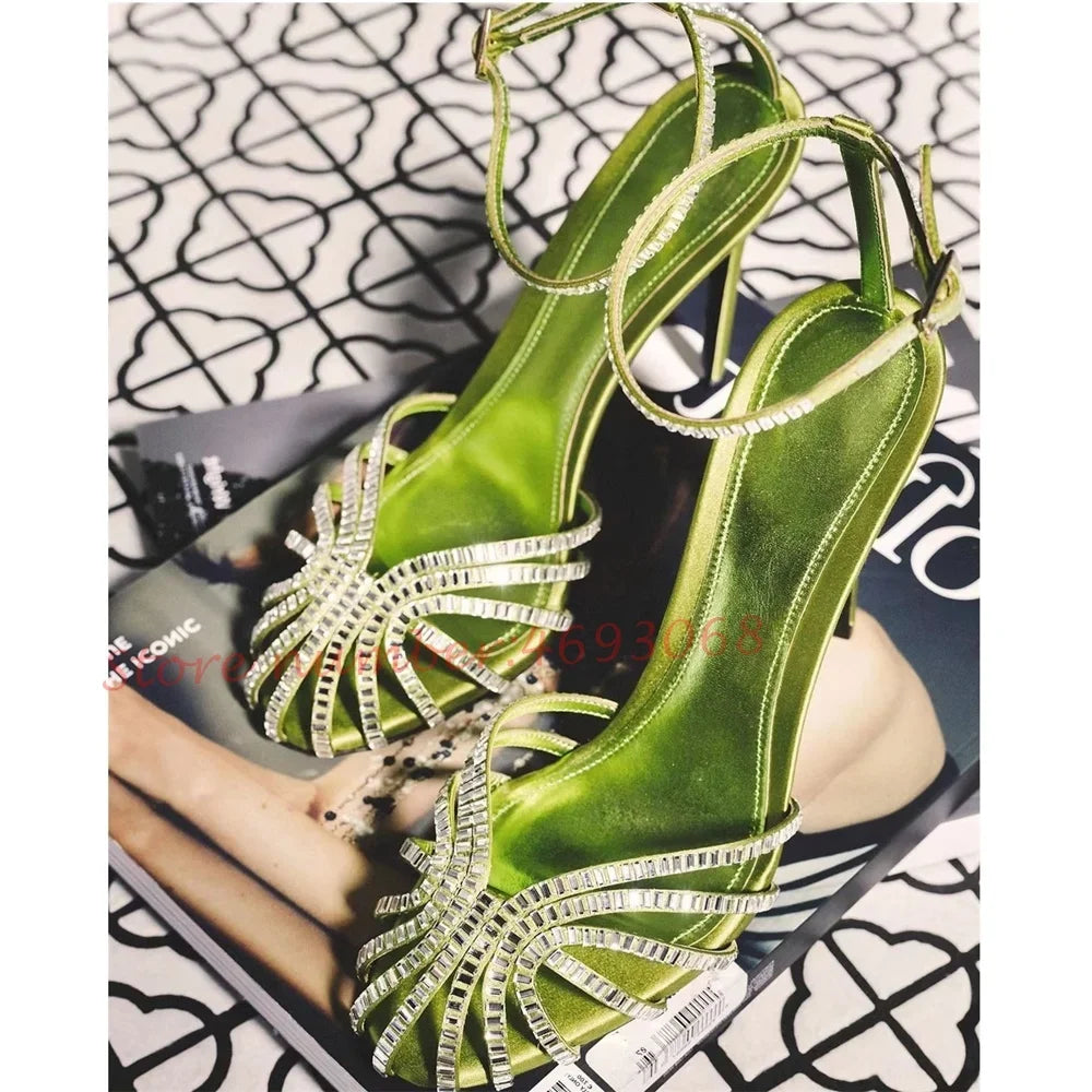 Chocolate Crystal Cross Sandals Women Cross Strap Summer Vacation Shoes Stiletto Heels Sexy Banquet Casual High Heels Sandals