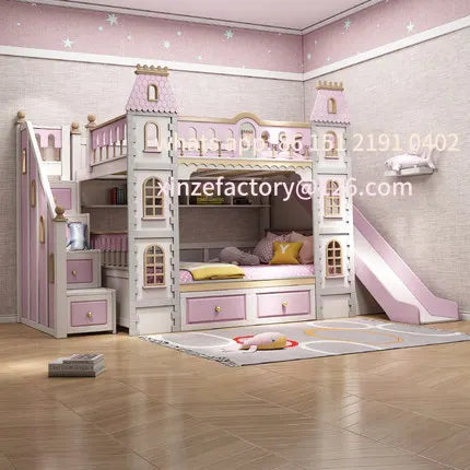 Customizable Full Solid Wood Upper and Lower Bed Bunk Bed High and Low Bed Two-story Princess Dream Castle Slide Villa