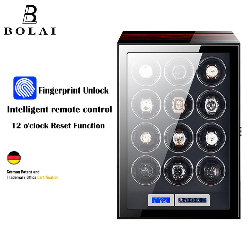 Luxury Automatic Watch Winder12 24 30 Slot Wood Mechanical Watch Box Fingerprint Unlock Quiet Mabuchi Motor Watches Storage Safe
