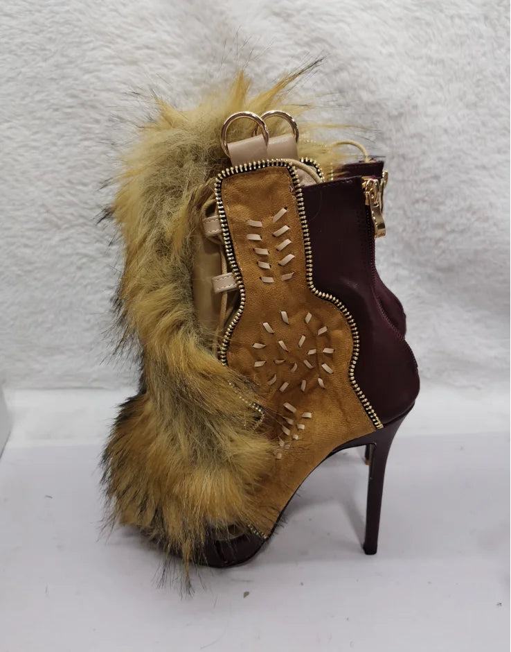 Open Toe Furry Sandals Boots Cutouts Lace Up Stiletto 12Cm High Heels Sewing Vintage Embodied Cover Heel Sexy Women Spring Shoes