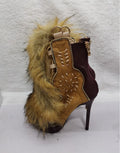 Open Toe Furry Sandals Boots Cutouts Lace Up Stiletto 12Cm High Heels Sewing Vintage Embodied Cover Heel Sexy Women Spring Shoes