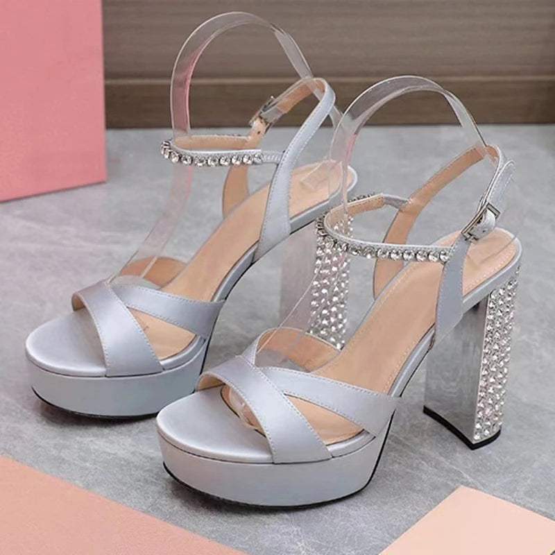 Summer Super High Heels Sandals Woman Rhinestone Studded Chunky Heels Party Shoes Woman Crystal Platform Sandals For Women