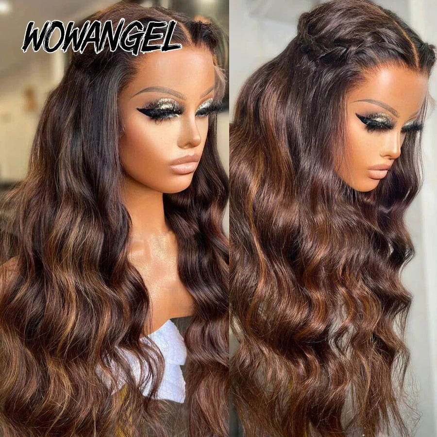 Wowangel Ombre Brown Hair 13x6 HD Lace Front Wig Highlight Wigs Body Wave Human Hair Wigs Melt All Skins Natural Scalp For Woman