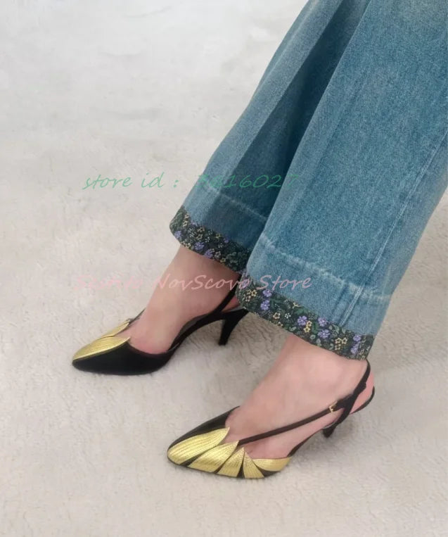 Pointed Toe Gold Leaf Decor Sandals Stiletto High Heels Cross Straps Mixed Color Shallow Pumps Summer Sexy Women Single Shoes