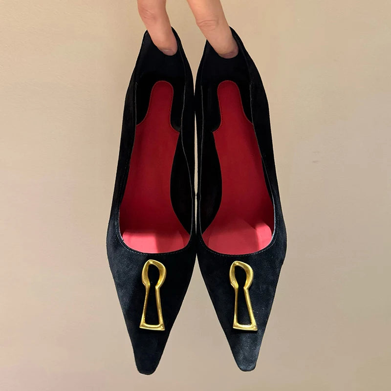 Spring Autumn Pointed Toe High Heels Women's Metal Decor Thin Heels Pumps Shallow Mouth Single Shoes Versatile Commuter Shoes