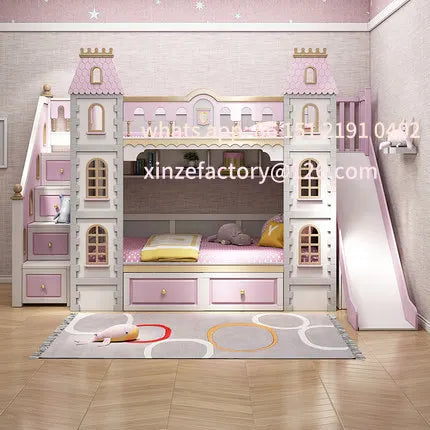 Customizable Full Solid Wood Upper and Lower Bed Bunk Bed High and Low Bed Two-story Princess Dream Castle Slide Villa