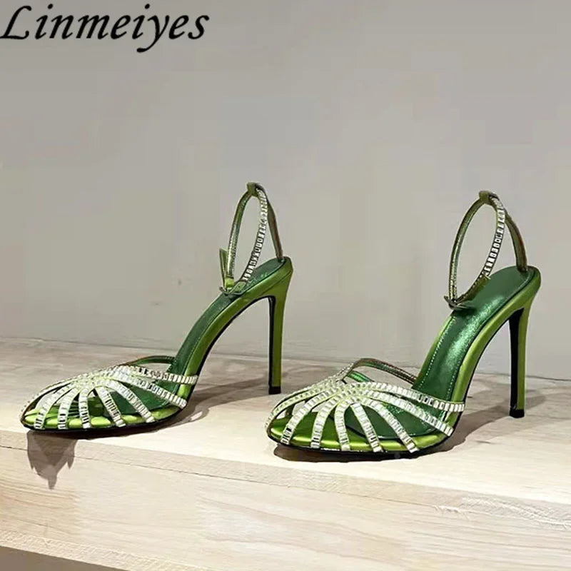 Rhinestone Sandals Woman High Heels Hollow Outs Summer Sandalias Woman Ankle Strap Crystal Shoes Women Stiletto Sandals Woman