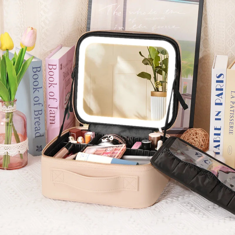 New LED Lighted Cosmetic Case with Mirror PU Leather Portable Travel Makeup Storage Bags