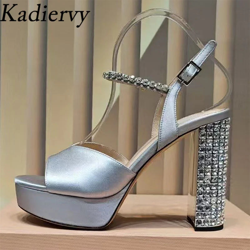 Summer Super High Heels Sandals Woman Rhinestone Studded Chunky Heels Party Shoes Woman Crystal Platform Sandals For Women