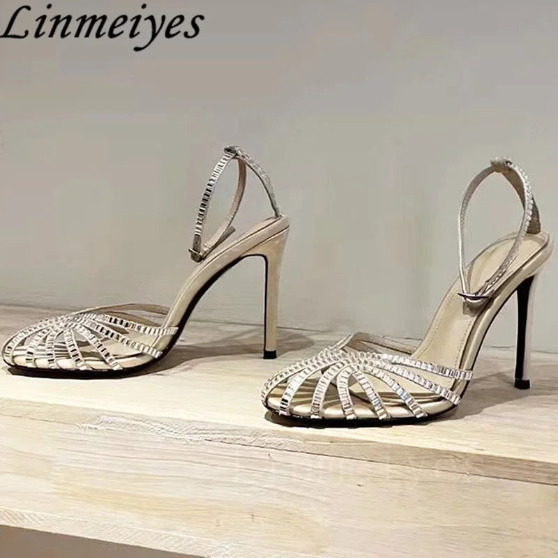 Rhinestone Sandals Woman High Heels Hollow Outs Summer Sandalias Woman Ankle Strap Crystal Shoes Women Stiletto Sandals Woman