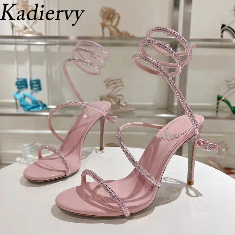 Summer High Heels Sandals Woman Crystal Snake Twine Around Ankle Strap Wedding Shoes Stiletto Butterfly-knot Sandals For Women