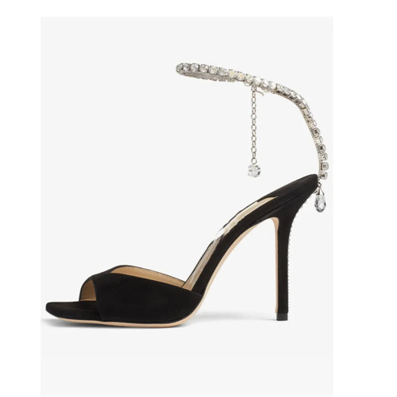 Colorful Chain Water Diamond Sandals Brand Walk Show Fish Mouth Evening Dress Elegant High Heels 2023 New Pendant Women's Shoes