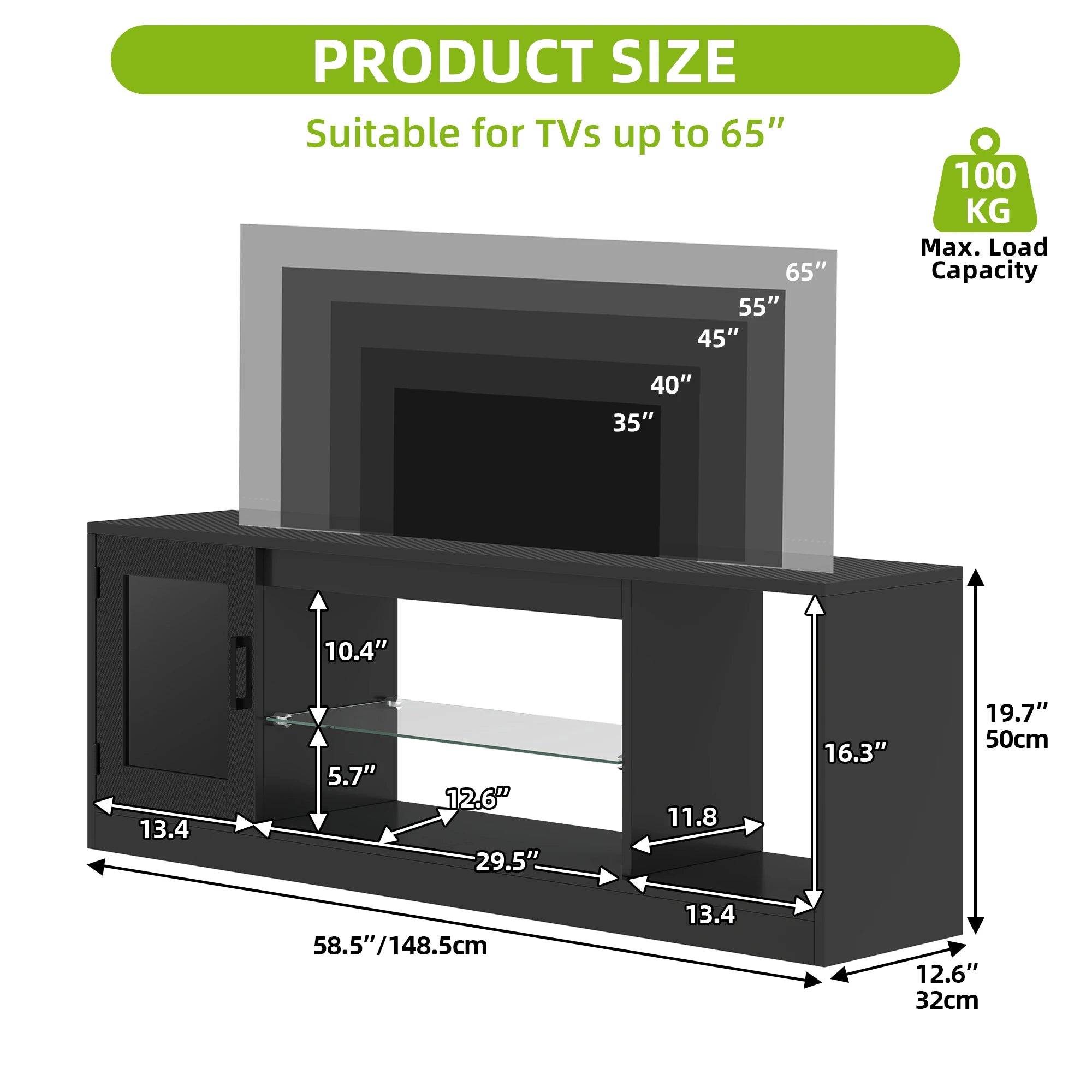 YITAHOME 65 Inch TV Stand - Modern Cabinet with Open Glass Shelves for Living Room, Gaming & Hallway