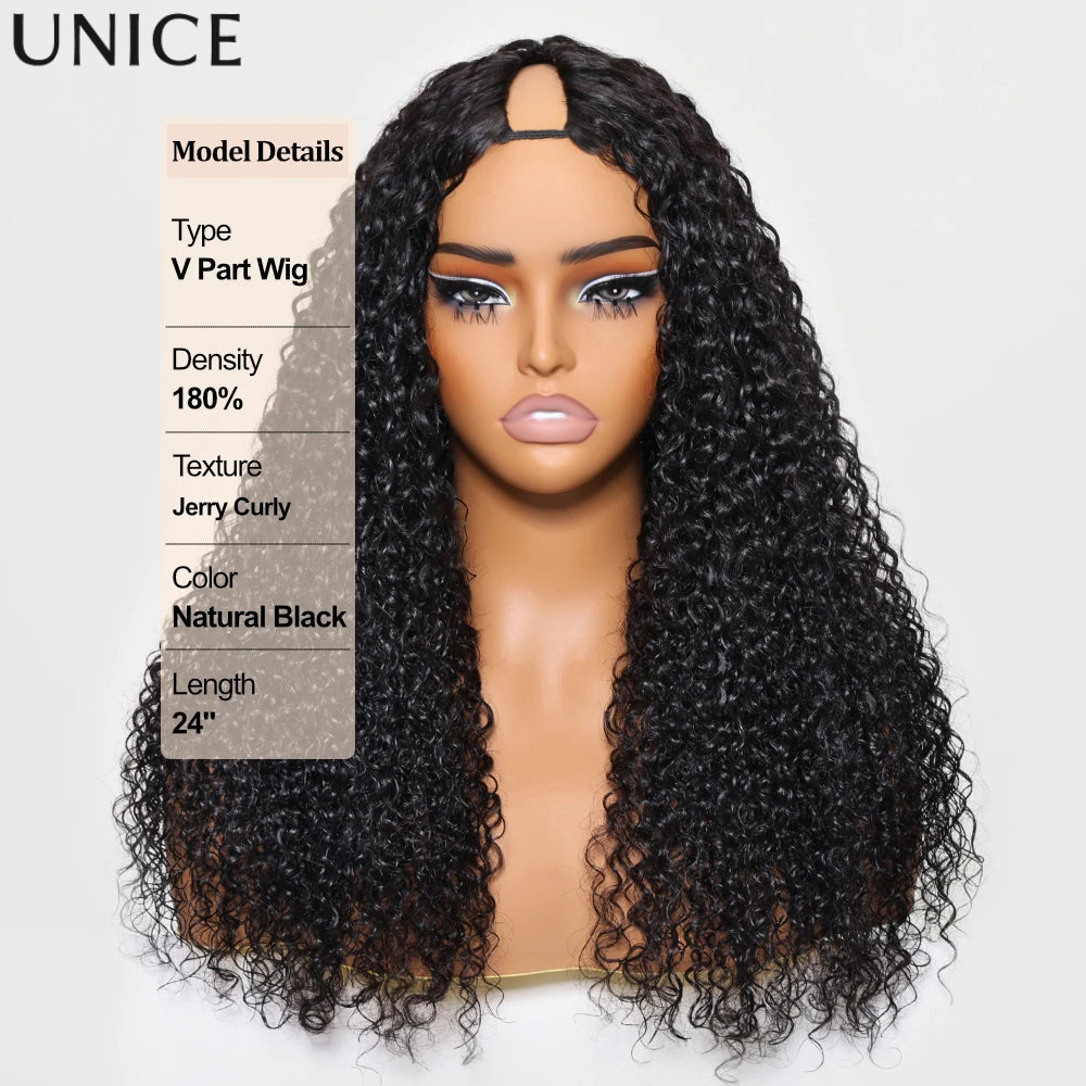 UNice Burmese Curly V Part Wig With Drawstring Clip-In Human Hair Wigs 180% Density No Glue Minimal Leave-out