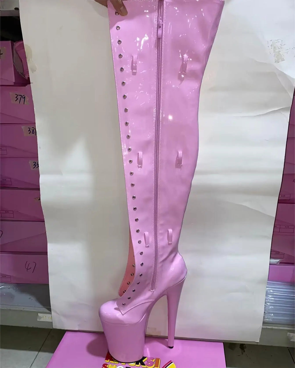 Pink 12-23cm high heels, buckle size adjustment, round head dancer fashion sexy runway performance, to thigh boots