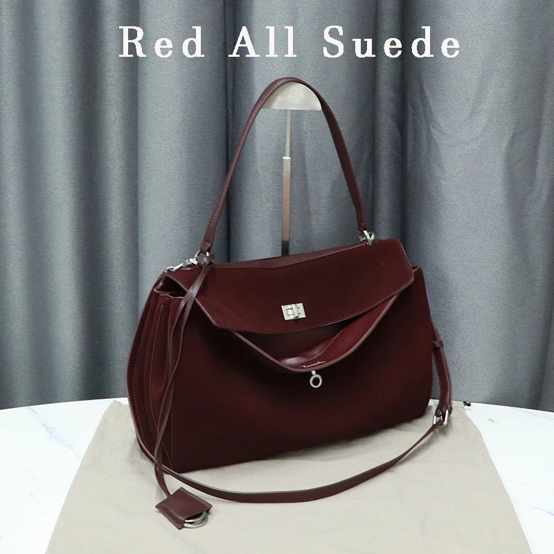 Winter Luxury Brand Women Bags Genuine Leather Brown Suede Women Totes Gold Buckle Women Shoulder Bags Fashion Women Handbags