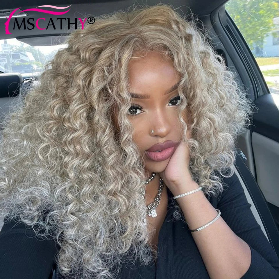 200% Ashy Blonde Colored Glueless Wigs For Women Kinky Curly Brazilian Virgin Human  Hair Wigs Pre-cut Lace Closure Wig Prepluck