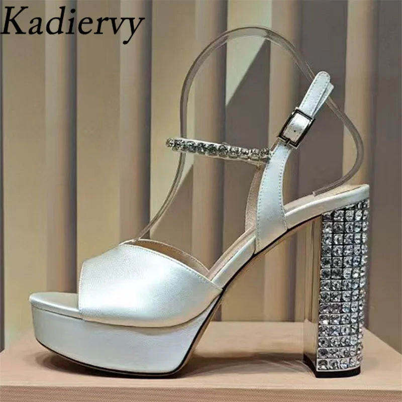 Summer Super High Heels Sandals Woman Rhinestone Studded Chunky Heels Party Shoes Woman Crystal Platform Sandals For Women