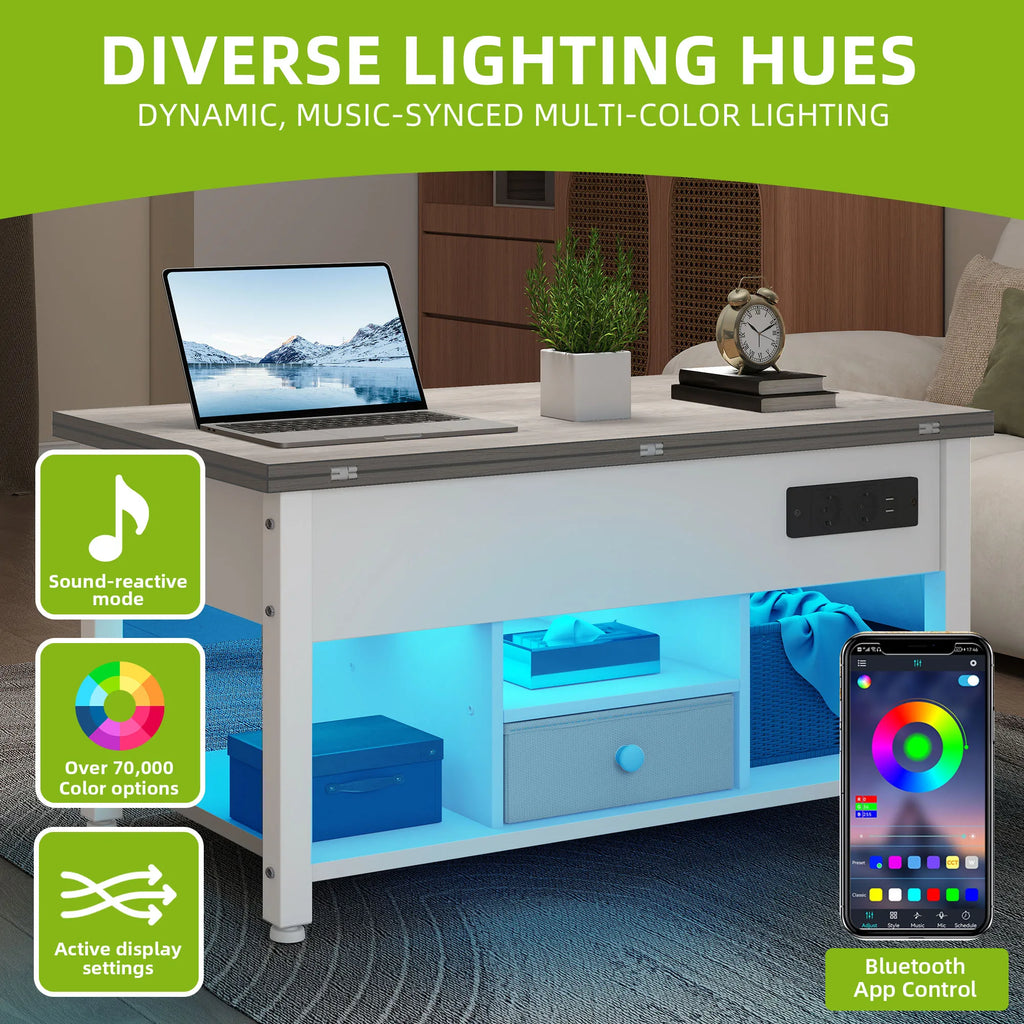 YITAHOME White & Grey 4-in-1 Coffee Table - Adjustable Height, Converts to Dining Table with Storage & LED Lighting