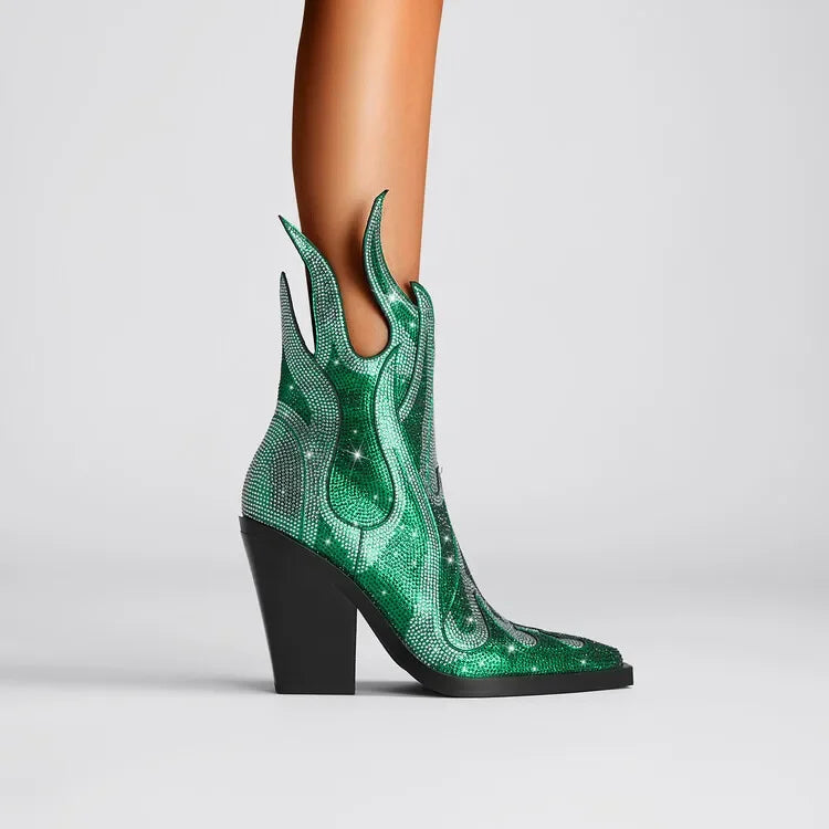 High Quality European and American Designer Runway Shoes 2023 Sexy Shaped High Heels, Fashionable Flame Rhinestone Short Boots