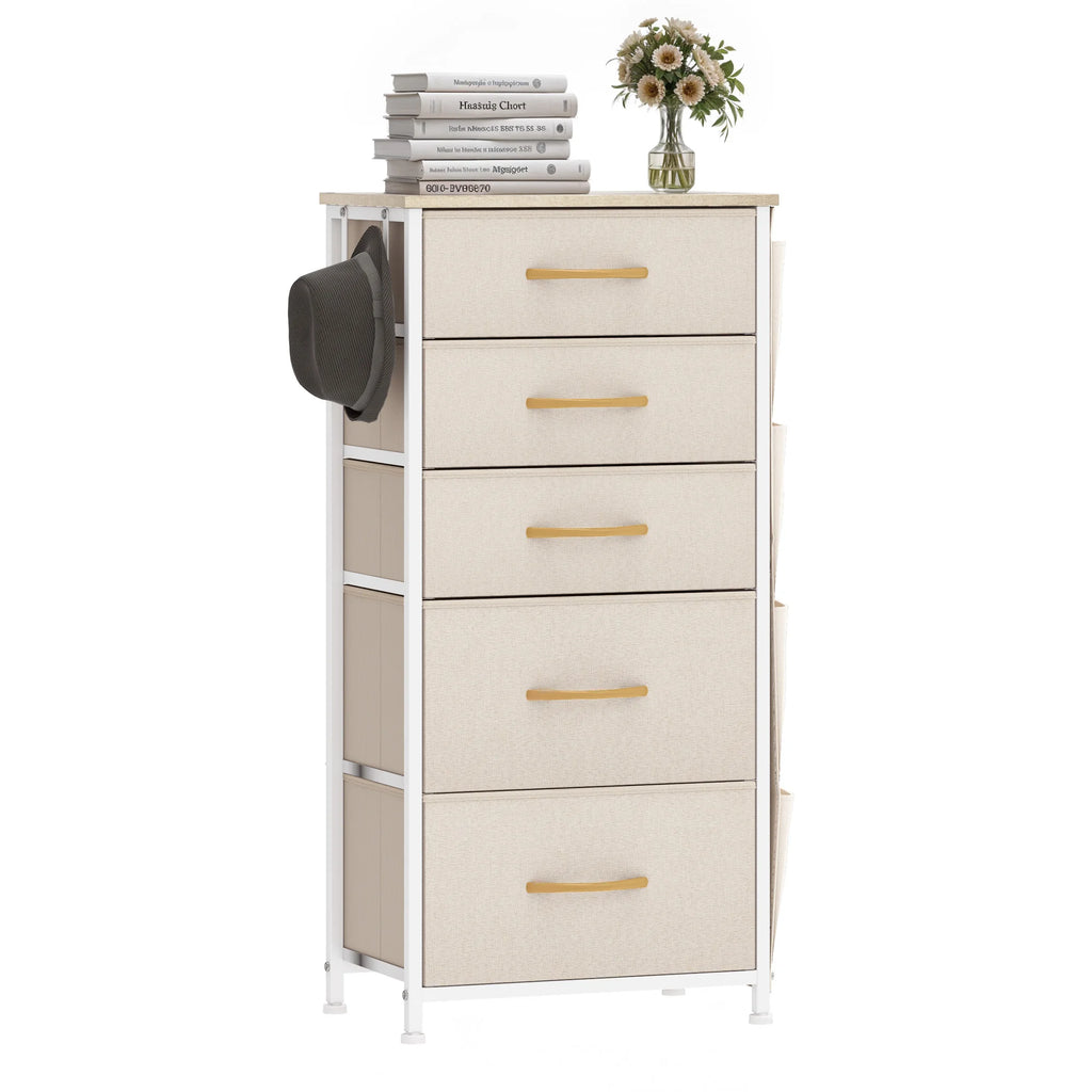YITAHOME 5-Drawer Fabric Dresser w/Side Pockets & Hooks - Metal Frame & Wood Top for Bedroom, Nursery, Hallway (Beige)