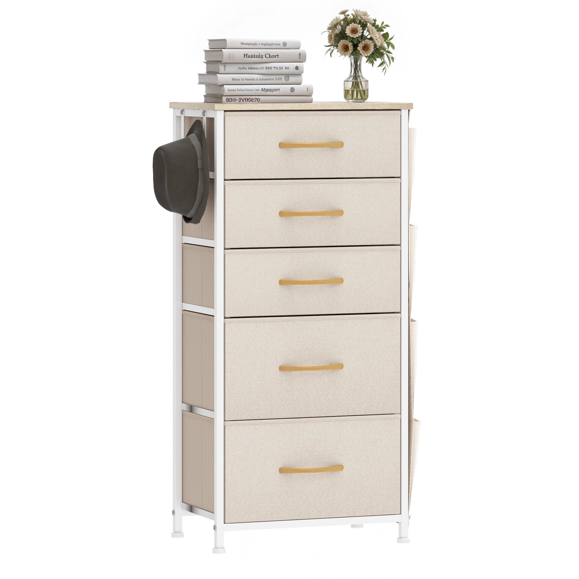 YITAHOME 5-Drawer Fabric Dresser w/Side Pockets & Hooks - Metal Frame & Wood Top for Bedroom, Nursery, Hallway (Beige)