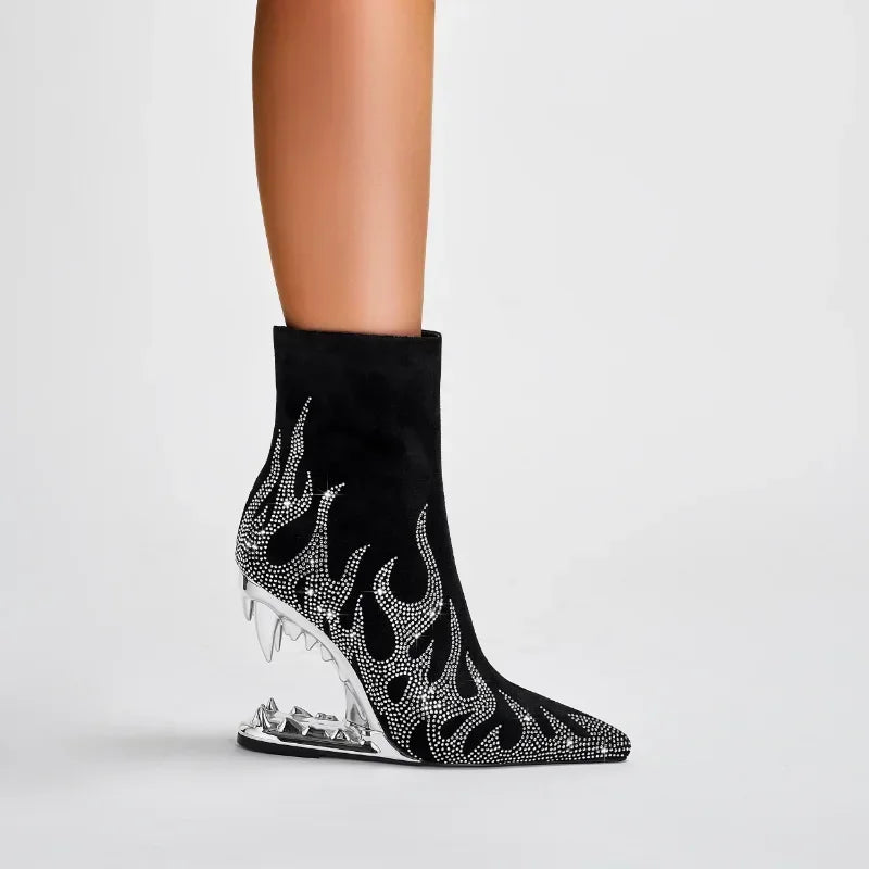 High Quality European and American Designer Runway Shoes 2023 Sexy Shaped High Heels, Fashionable Flame Rhinestone Short Boots