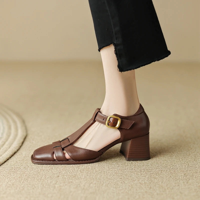 2025 New Fashion Classics Genuine Leather Sandals Woman Thick High Heels Sandals Office Ladies Dress Summer Shoes Heels Women