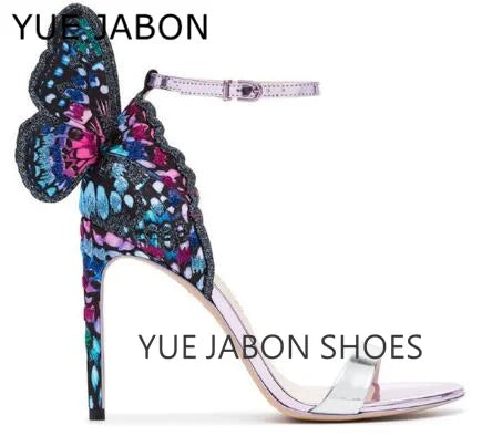 Black butterfly sandals leather metallic embroidered angel wings dress woman high heels open toe buckle strap lady thin pumps