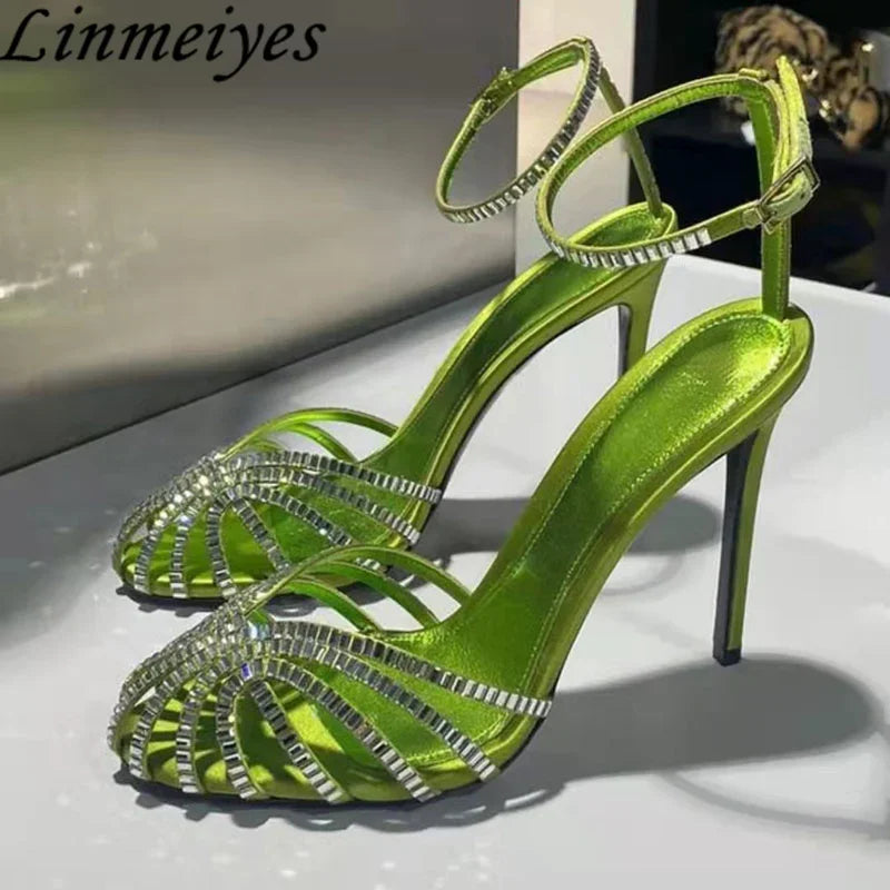 Rhinestone Sandals Woman High Heels Hollow Outs Summer Sandalias Woman Ankle Strap Crystal Shoes Women Stiletto Sandals Woman