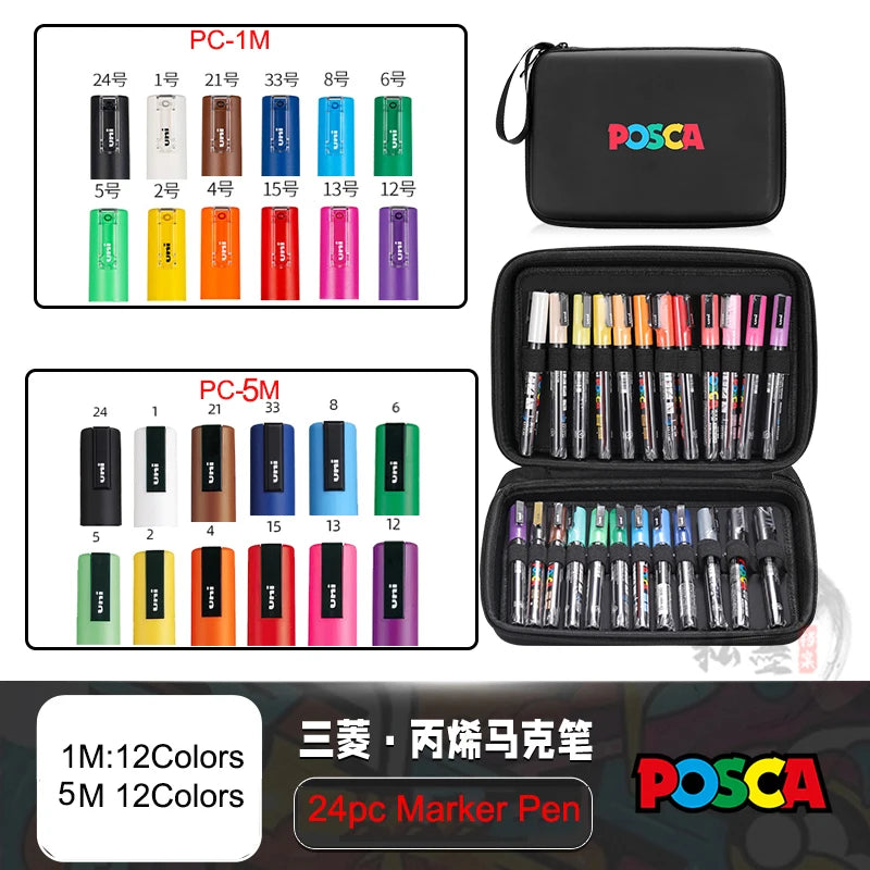 POSCA Acrylic Markers Organized in Bags, 0.7-2.5mm School Coloring Pens, Handy Original Japanese Professional Art Paint Supplies