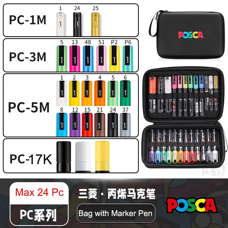 POSCA Acrylic Markers Organized in Bags, 0.7-2.5mm School Coloring Pens, Handy Original Japanese Professional Art Paint Supplies
