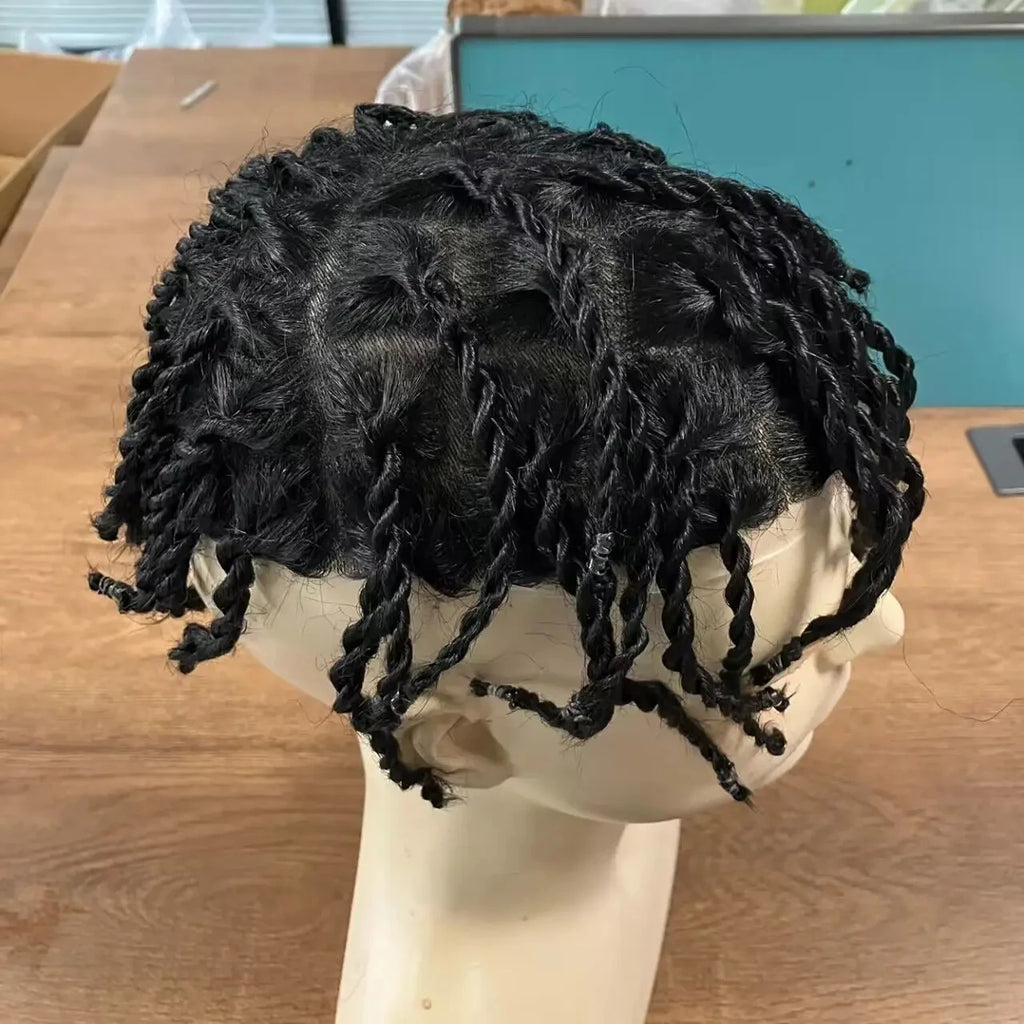 Black Men dreadlocks Human hair Microskin Full PU Based Wig Twist Braided Men's Toupe Hair extension male capillary prosthesis