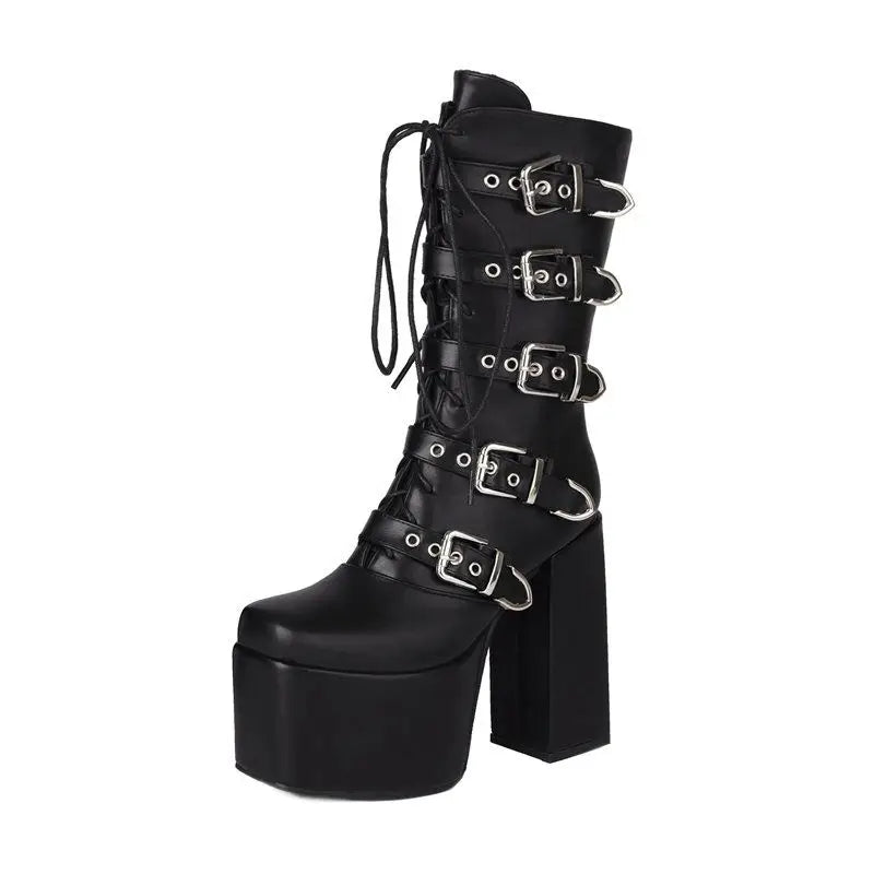 SIMLOVEYO Women Boots Toe Chunky High Heels 14cm Platform Hill 7.5cm Lace Up Belt Buckles Big Size 46 47 48