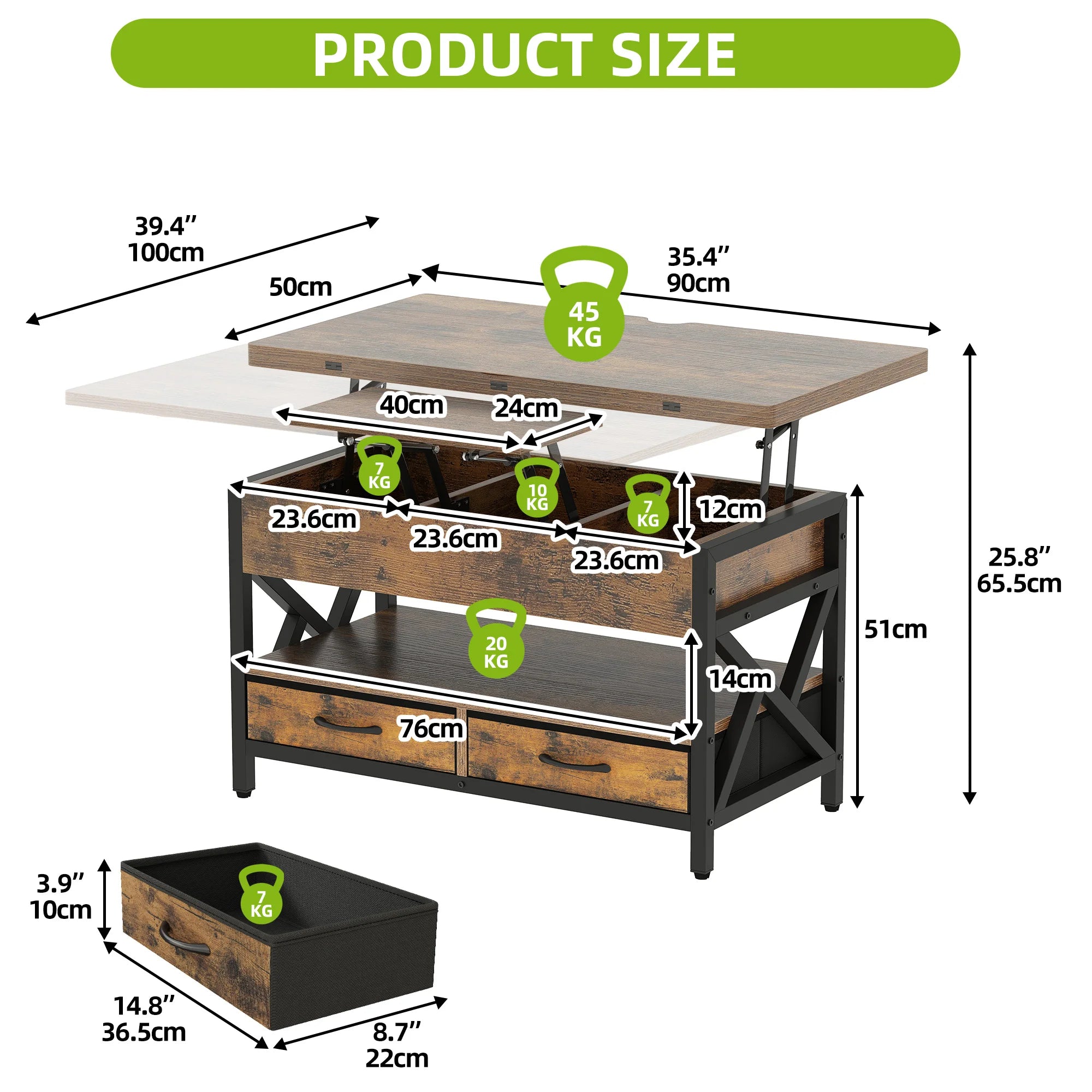 Balconera Lift-Top Coffee Table with Storage - Extendable Dining Table with 2 Drawers & LED Light, 90×50×51.5cm