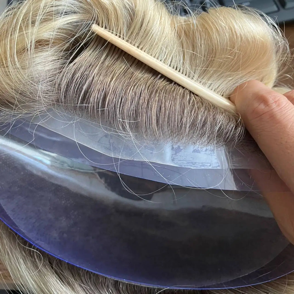 European Male Human Hair Brown Blonde Ombre Thin Skin Hair Toupee Vloop 0.06-0.08mm Durable Thin Skin Natural Hairline Men Wig