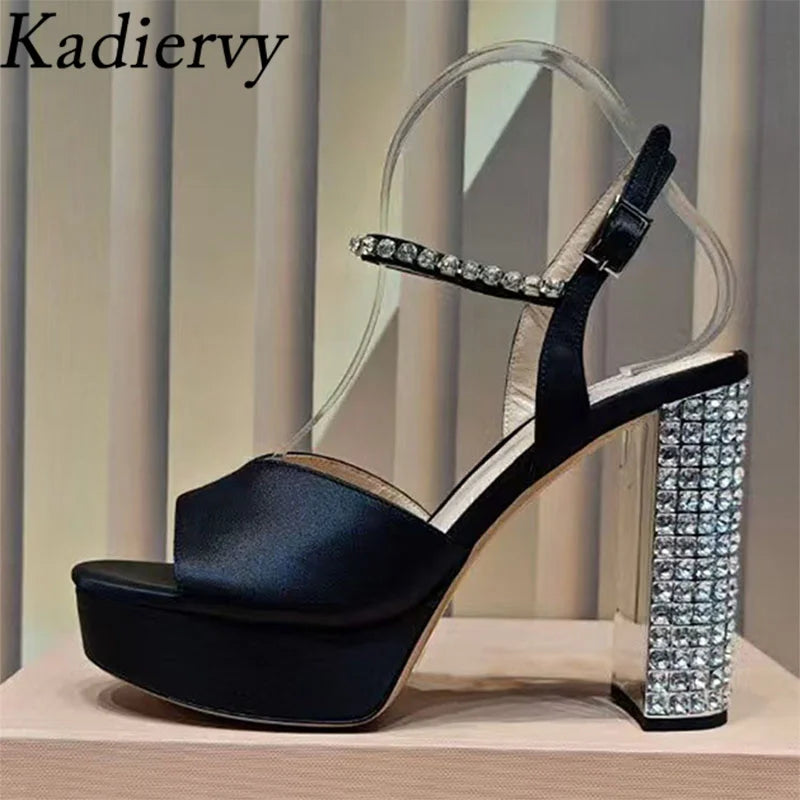 Summer Super High Heels Sandals Woman Rhinestone Studded Chunky Heels Party Shoes Woman Crystal Platform Sandals For Women