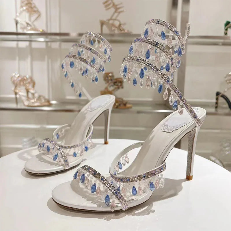 Sexy High Heels Gladiator Sandals Women Crystal String Bead Snake Twine Around Ankle Strap Wedding Shoes Summer Sandals Woman