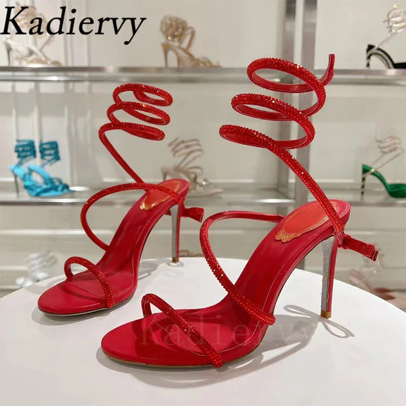 Summer High Heels Sandals Woman Crystal Snake Twine Around Ankle Strap Wedding Shoes Stiletto Butterfly-knot Sandals For Women