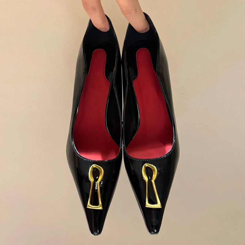 Spring Autumn Pointed Toe High Heels Women's Metal Decor Thin Heels Pumps Shallow Mouth Single Shoes Versatile Commuter Shoes