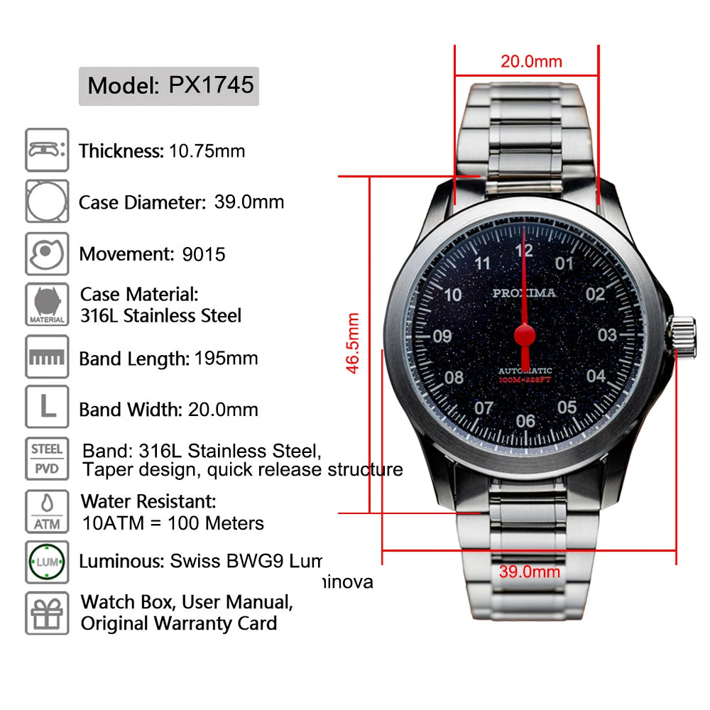 Proxima PX1745 Men's Watches Luxury 9015 Automatic One Hand Watch Stainless Steel Sapphire Crystal Glass 100M Waterproof