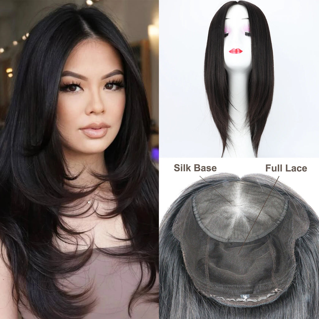 Full Lace Silk Top Wig with PU Front Layer Virgin Human Hair Wig for Women 5x5" Hand Tied Silk Base Natural Scalp Look