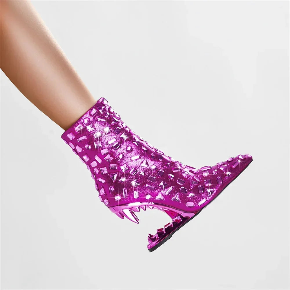 High Quality European and American Designer Runway Shoes 2023 Sexy Shaped High Heels, Fashionable Flame Rhinestone Short Boots