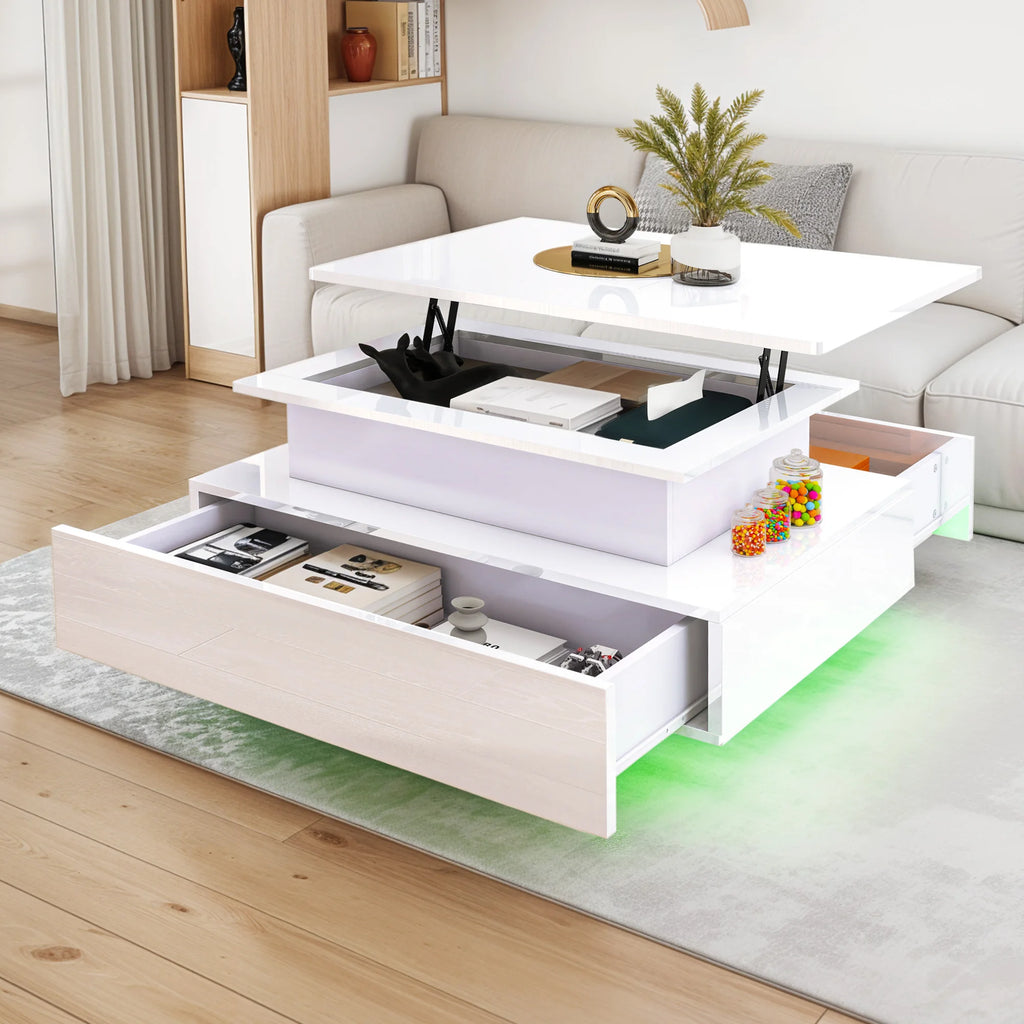 Balconera Lift-Top Coffee Table - Modern Rectangular with 16 Color LEDs & 2 Drawers, Elevated Surface with Lighting