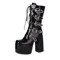 SIMLOVEYO Women Boots Toe Chunky High Heels 14cm Platform Hill 7.5cm Lace Up Belt Buckles Big Size 46 47 48